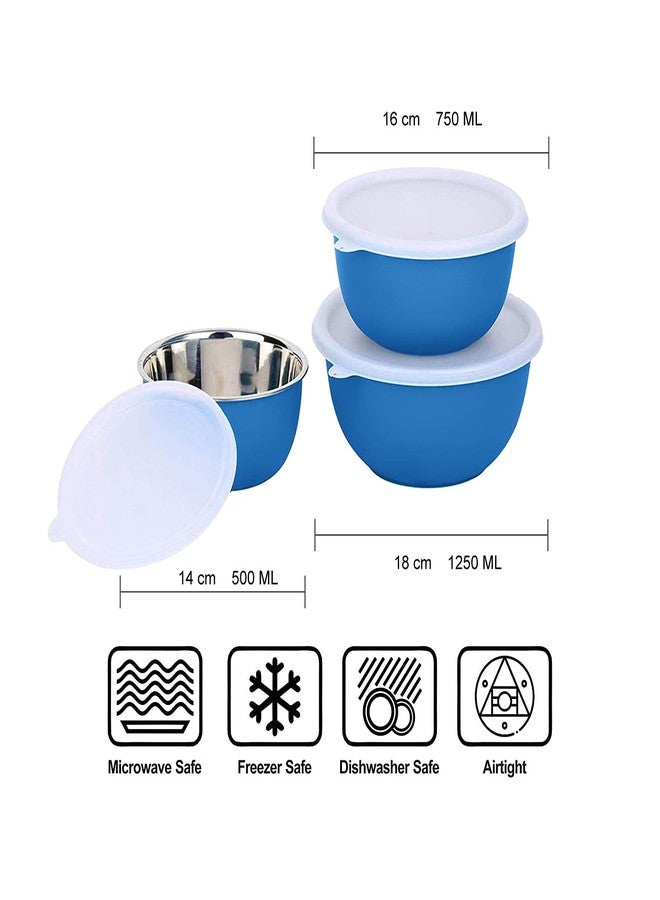 Zaib Microwave Safe Stainless Steel Food Storage Container Set | Snack Serving Containers for Kitchen |, Serving Bowl Set with Lid (Blue Plain, 3) - Image 2